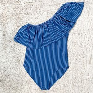 Mark. Blue Striped One Shoulder Bodysuit